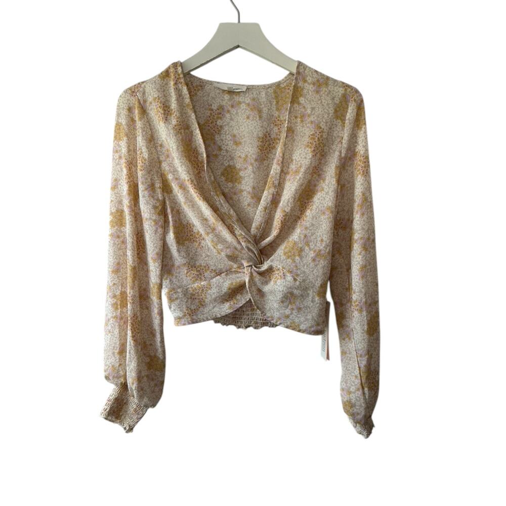 June & Hudson Semi Sheer Ivory Floral Long Sleeve Cropped Wrap Top Small New